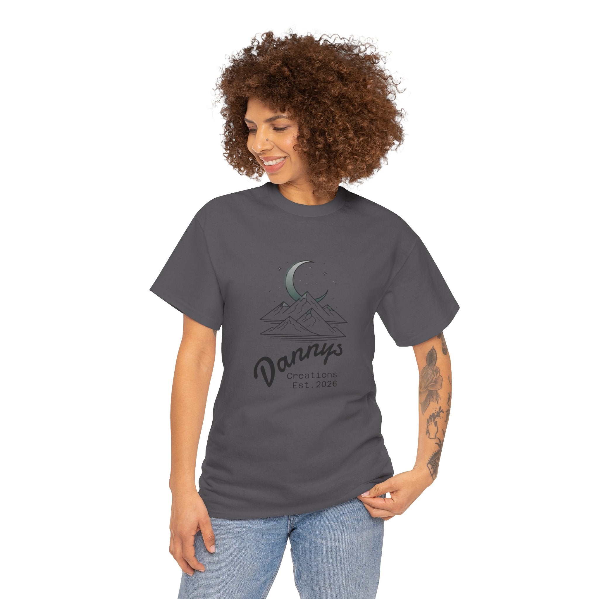 Mountain Moon Graphic Tee — "Danny's Creations Est. 2026" Minimalist Nature T-Shirt