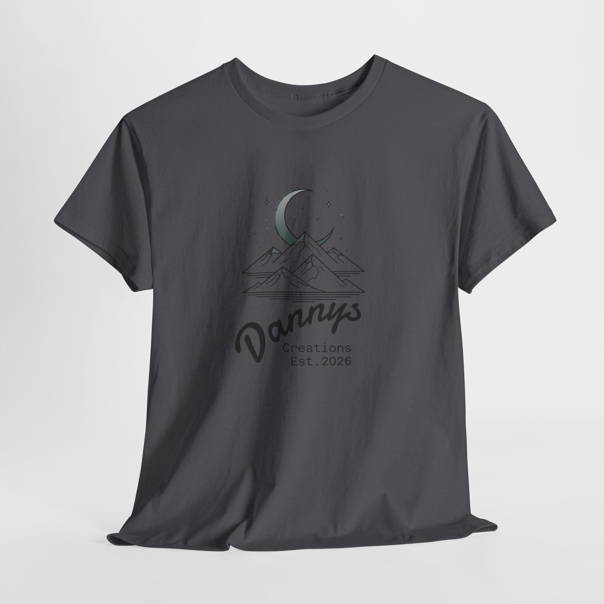 Mountain Moon Graphic Tee — "Danny's Creations Est. 2026" Minimalist Nature T-Shirt