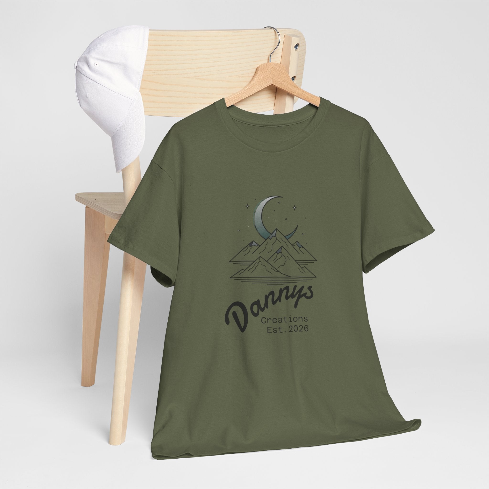 Mountain Moon Graphic Tee — "Danny's Creations Est. 2026" Minimalist Nature T-Shirt