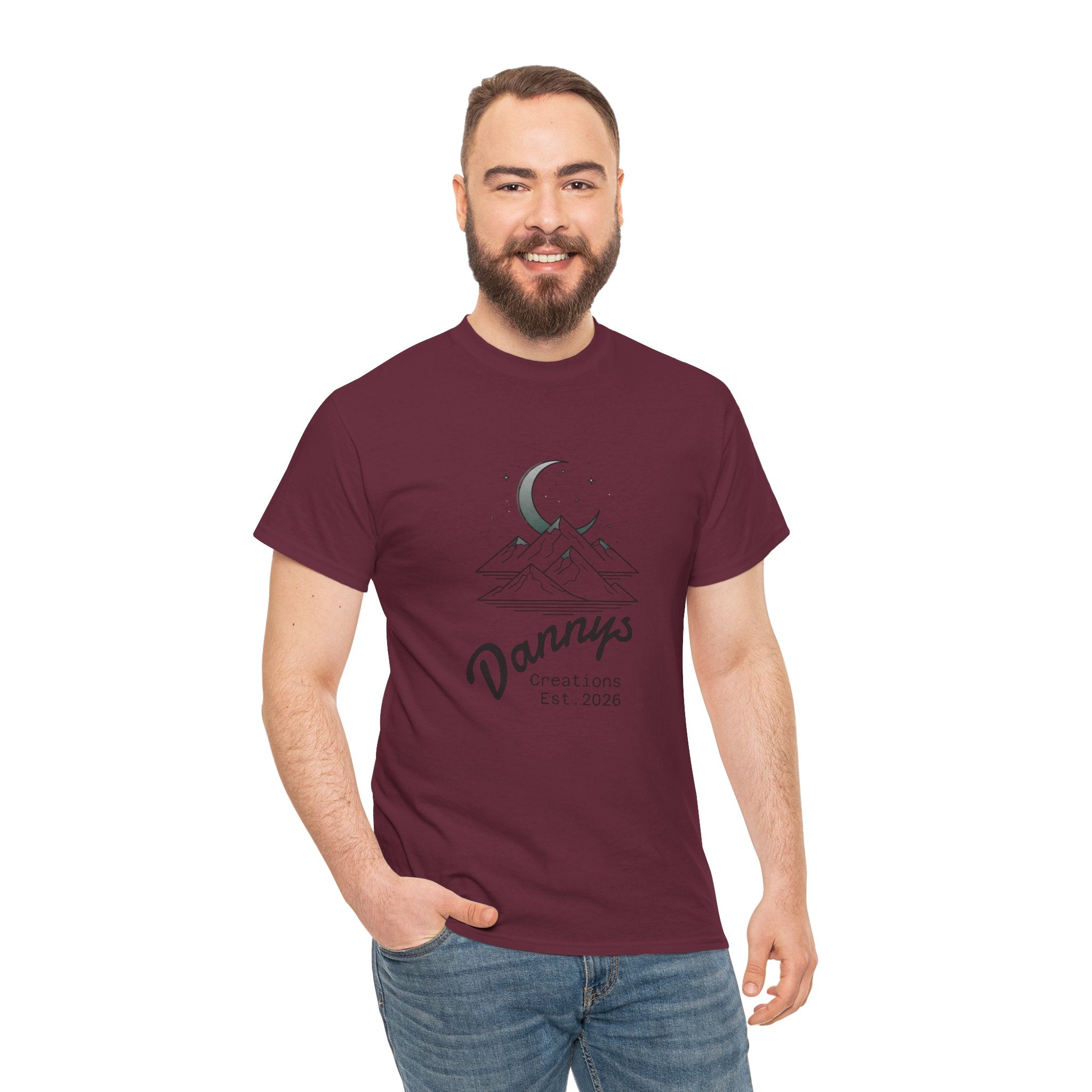 Mountain Moon Graphic Tee — "Danny's Creations Est. 2026" Minimalist Nature T-Shirt