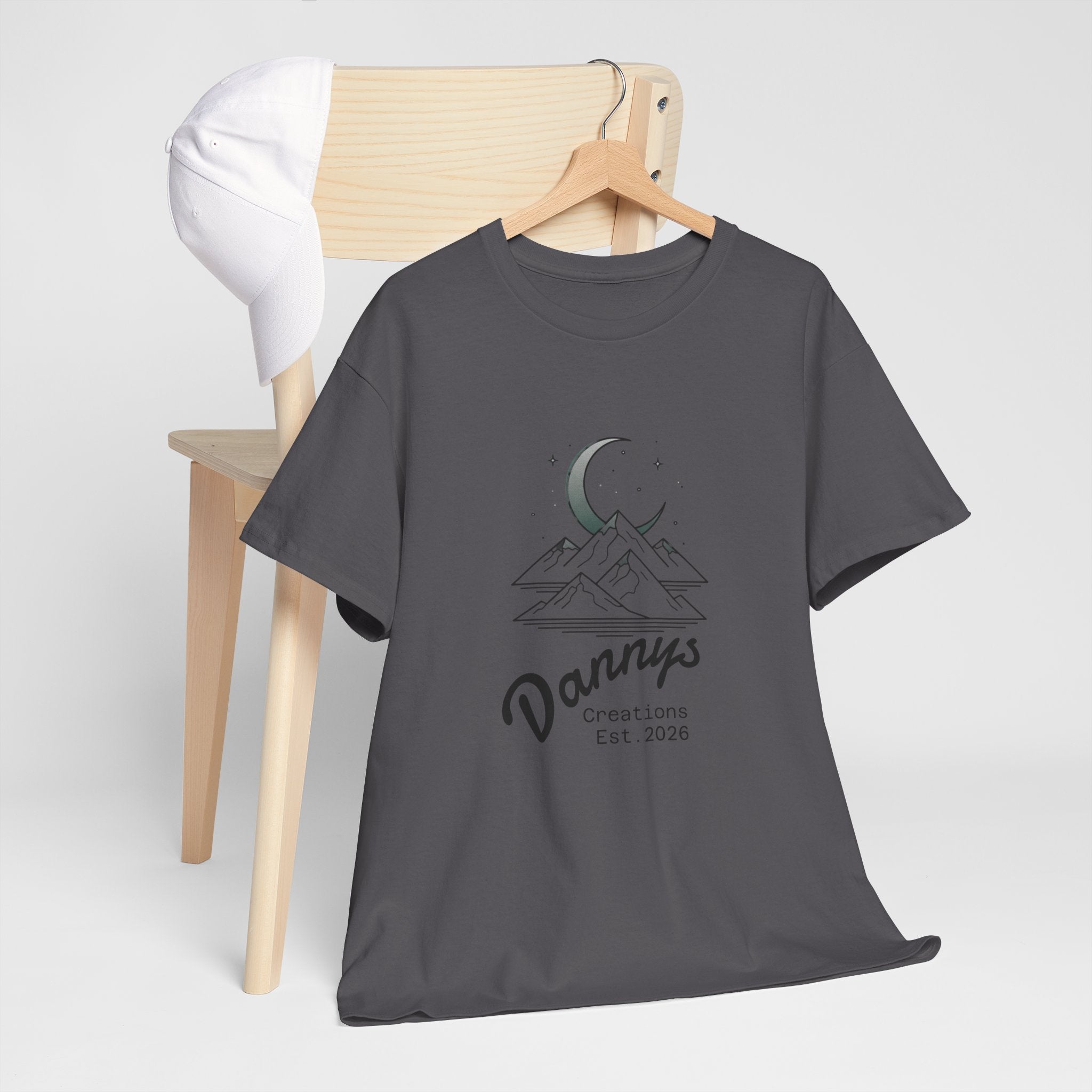 Mountain Moon Graphic Tee — "Danny's Creations Est. 2026" Minimalist Nature T-Shirt