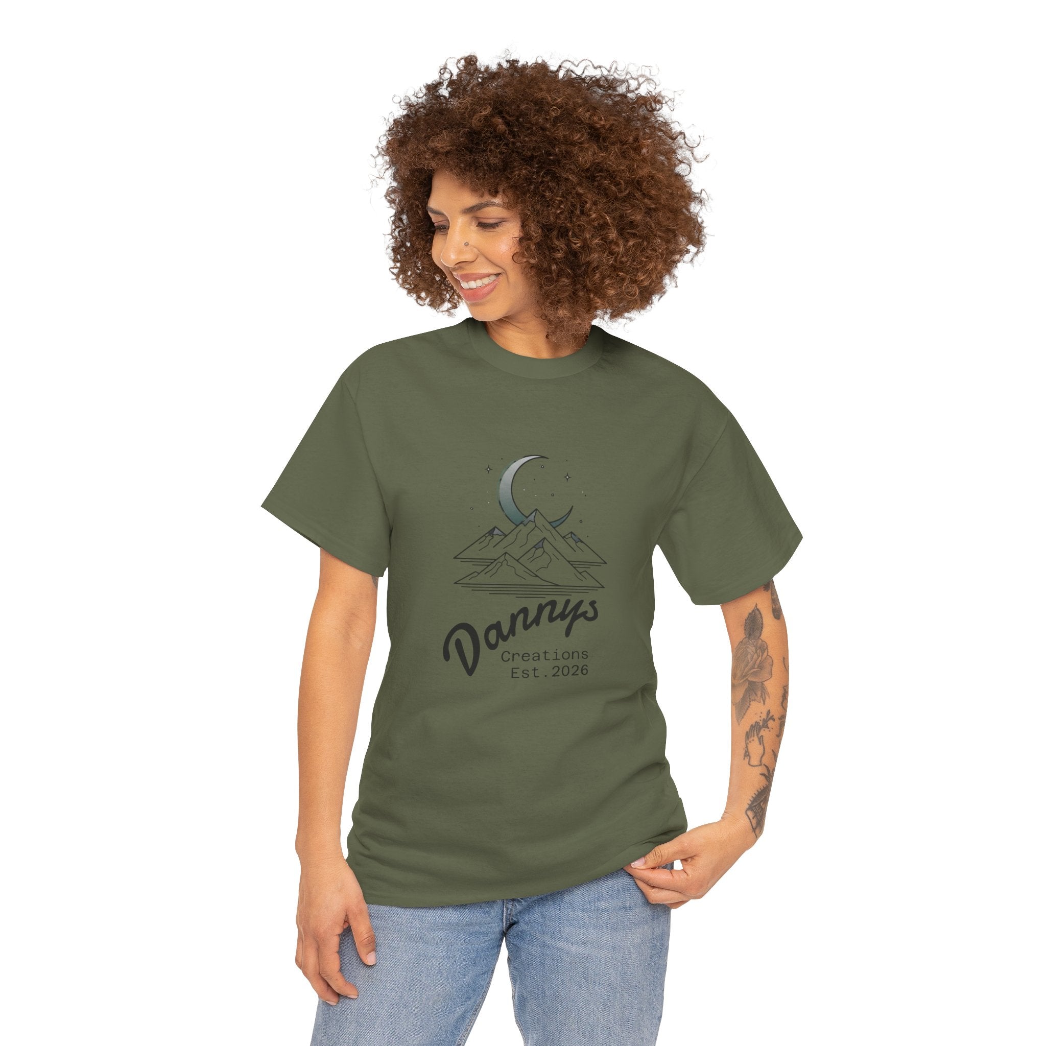Mountain Moon Graphic Tee — "Danny's Creations Est. 2026" Minimalist Nature T-Shirt