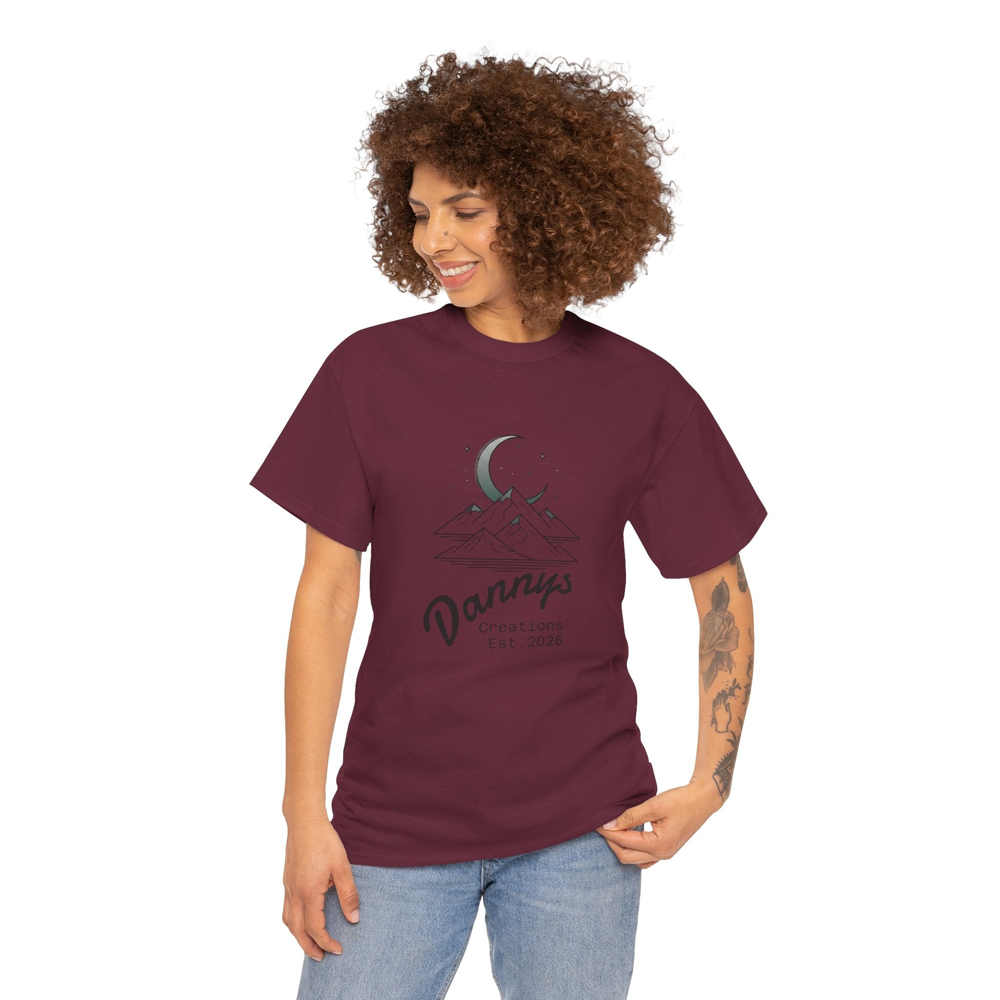 Mountain Moon Graphic Tee — "Danny's Creations Est. 2026" Minimalist Nature T-Shirt
