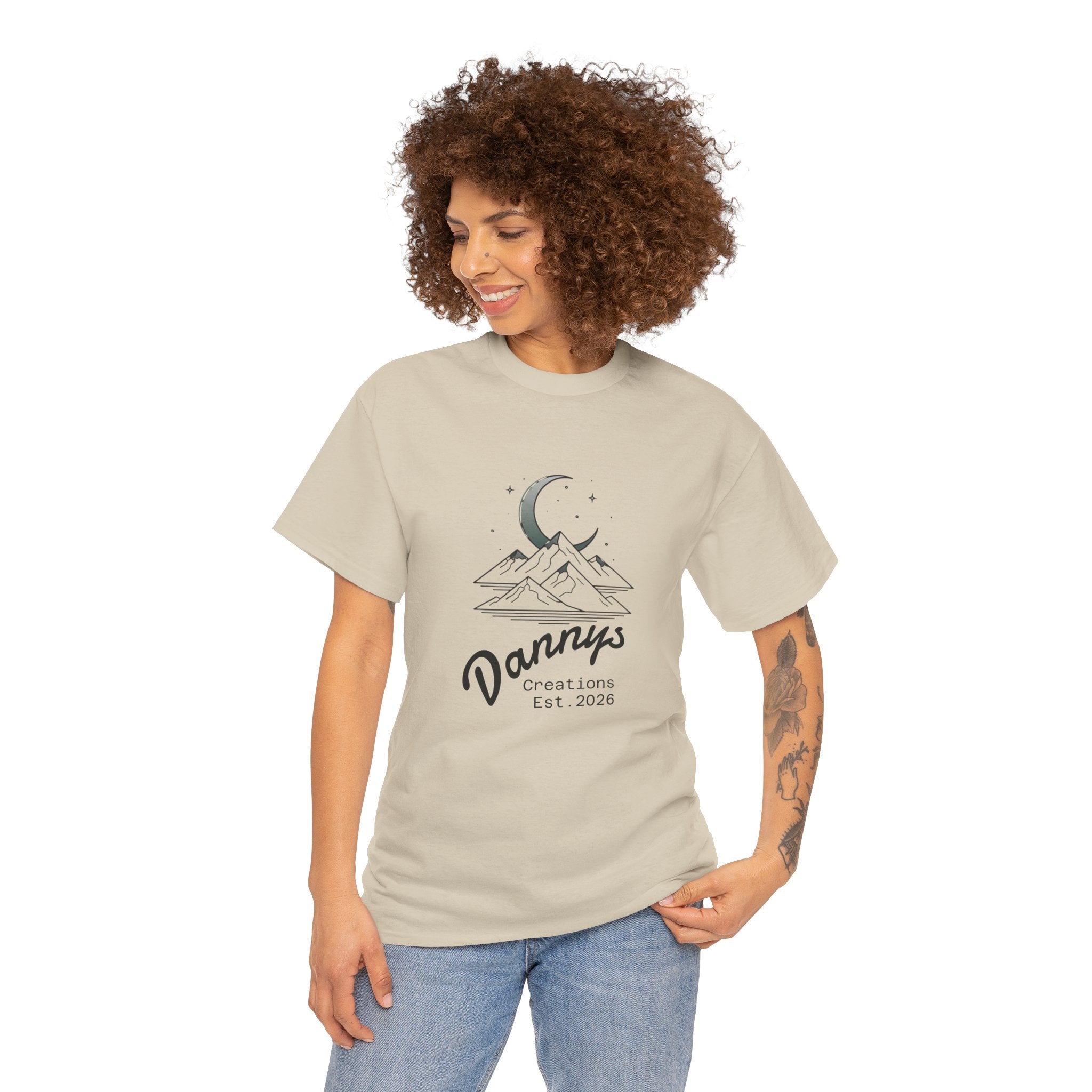 Mountain Moon Graphic Tee — "Danny's Creations Est. 2026" Minimalist Nature T-Shirt